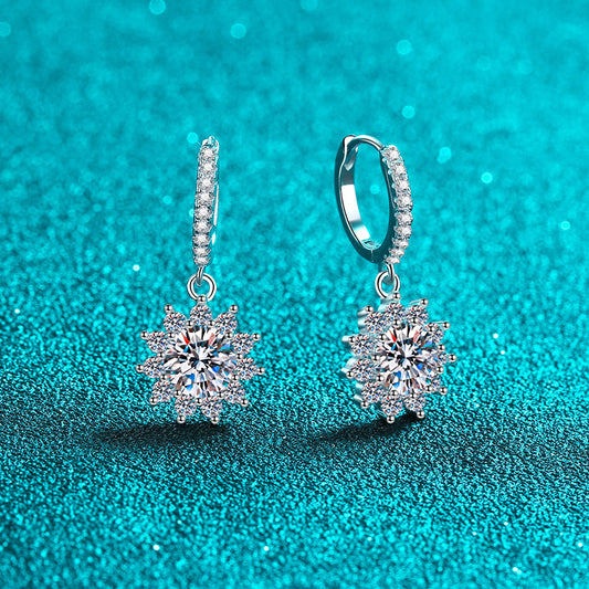 Helia Sunflower Halo Pavé Round Moissanite Drop Earrings — Moisza