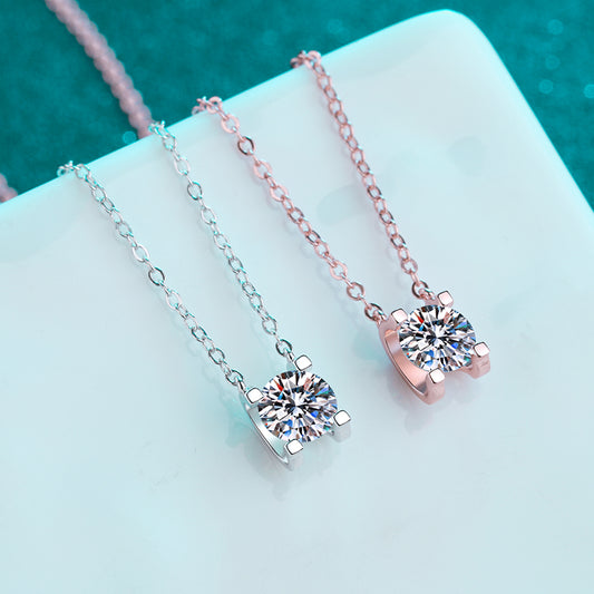 Rose Gold/White U-Shaped Set Round Cut Solitaire 0.5/1/2 Moissanite Platinum-Plated S925 Necklace