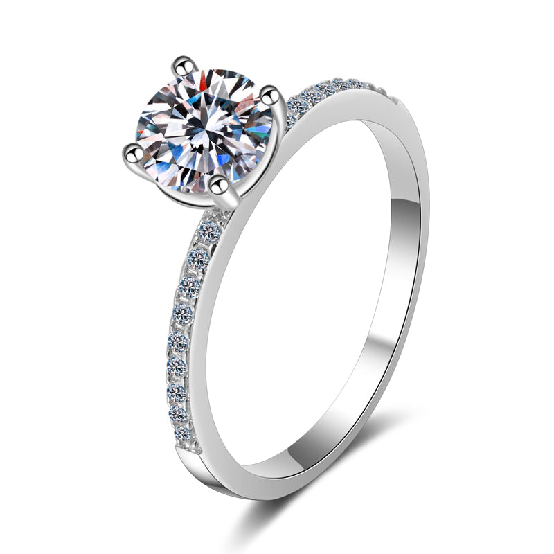 Round Cut 4-Prong Pave Solitaire 1 Carat Moissanite Diamond Platinum Plated S925 Engagement Ring
