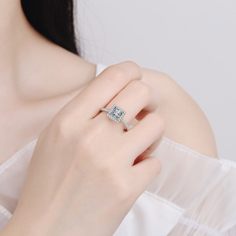 Princess Cut Pave Halo 1 Carat Moissanite Diamond S925 Engagement Ring
