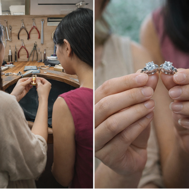 Collage of jewelry-making process with 2 students studying the craftsmanship. Another image shows a close-up of hands holding rings.