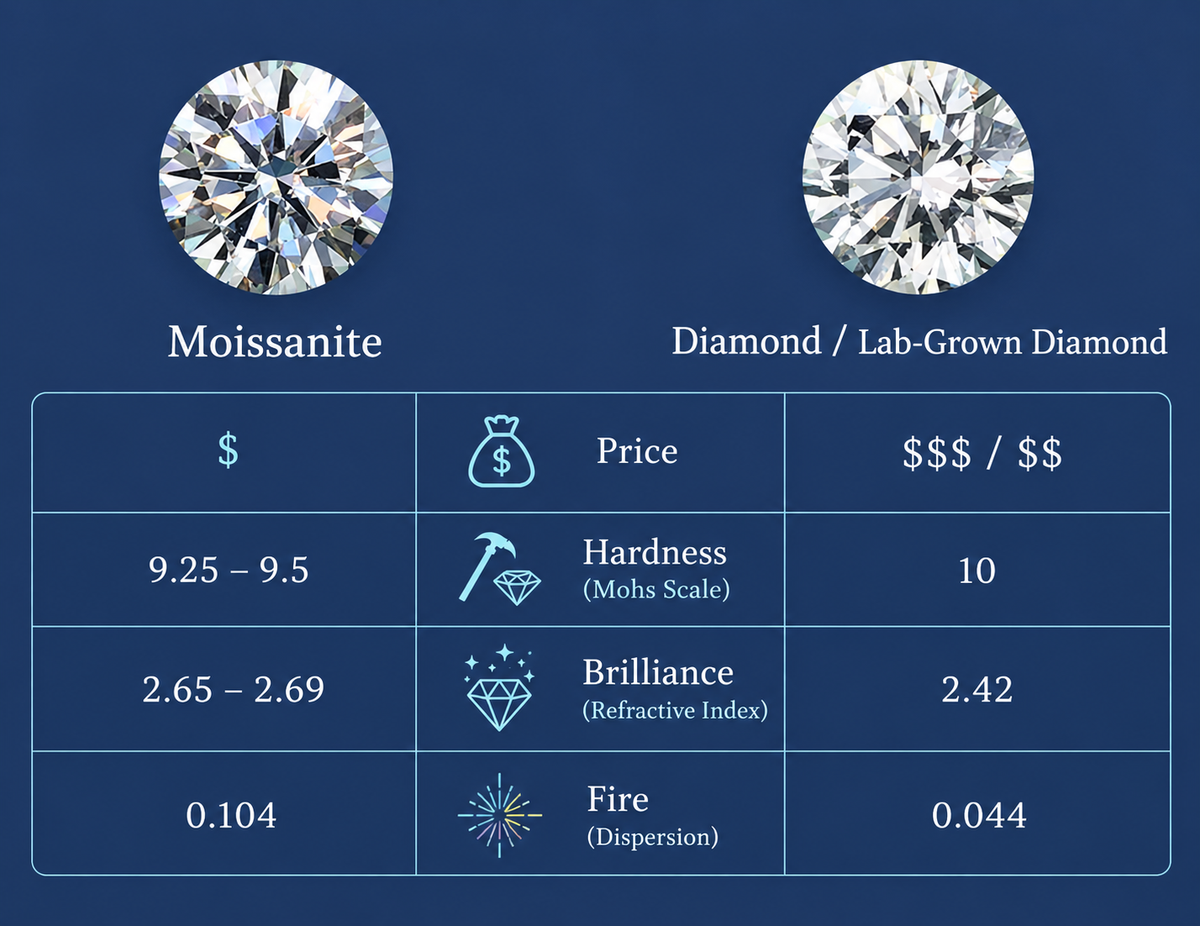 Moissanite vs diamond and lab-grown diamond comparison chart: price, hardness 9.25-9.5 vs 10, brilliance (refractive index) 2.65-2.69 vs 2.42, fire (dispersion) 0.104 vs 0.044