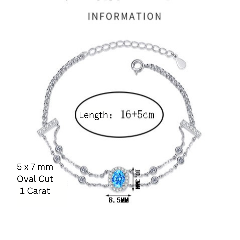 Blue/White Oval Cut Halo 1 Carat Moissanite Platinum Plated S925 Bracelet