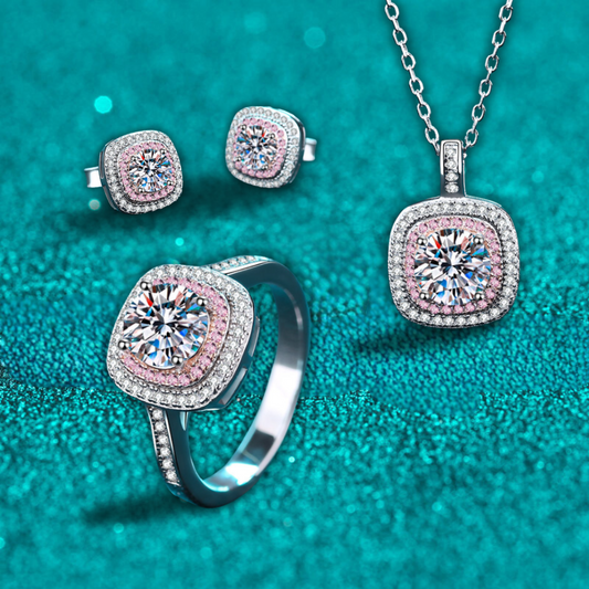 Conjunto de joyería S925 de 4 piezas de moissanita de 0,5/1 quilate con halo rosa de corte redondo y doble cuadrado (anillo, pendientes, collar) 