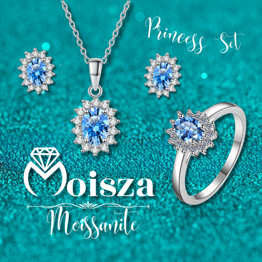 Princess Diana Oval Cut Sapphire Halo 0.5 / 1 Carat Moissanite 4-Piece S925 Jewelry Set (Ring, Earrings, Necklace)