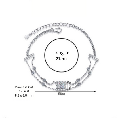 Blue/White Princess Cut Halo 1 Carat Moissanite Diamond S925 Bracelet