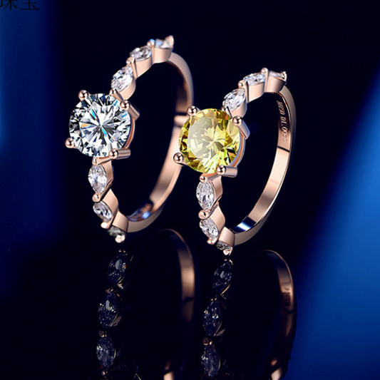 Anillo de compromiso S925 de diamante moissanita de 1 quilate con solitario de corte redondo amarillo/blanco de oro rosa con piedras laterales de marquesa 