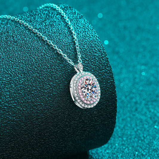 Oval Cut Pink Double Halo 1 Carat Moissanite Pendant S925 Necklace