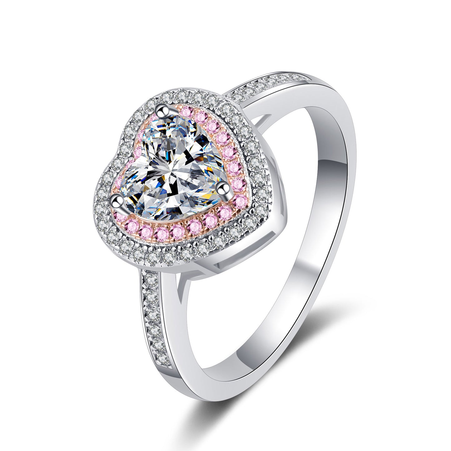 Anillo de compromiso S925 de diamante moissanita de 1 quilate con doble halo rosa pavé en forma de corazón 