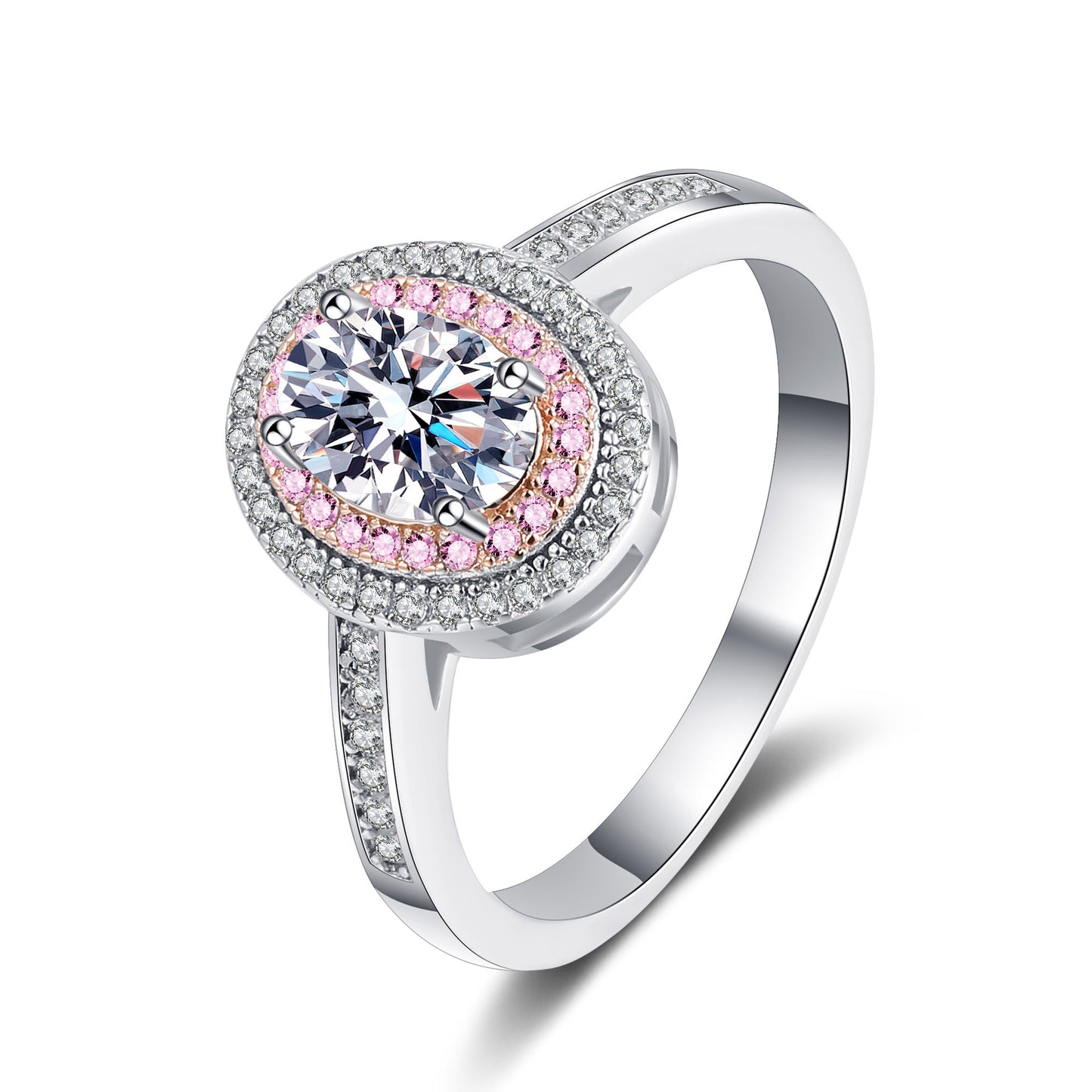 Oval Cut Pave Pink Double Halo 1 Carat Moissanite Diamond S925 Engagement Ring