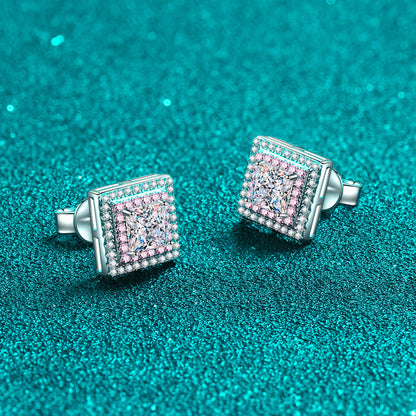 Princess Cut Pink Double Halo 0.6 Carat Moissanite Diamond S925 Stud Earrings