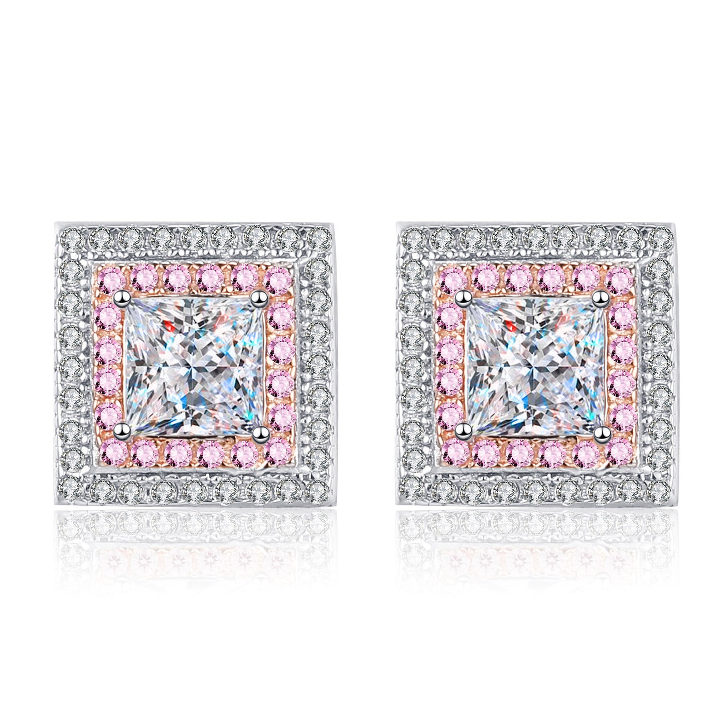Princess Cut Pink Double Halo 0.6 Carat Moissanite Diamond S925 Stud Earrings