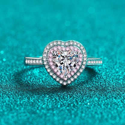 Heart-Shaped Pave Pink Double Halo 1 Carat Moissanite Diamond S925 Engagement Ring