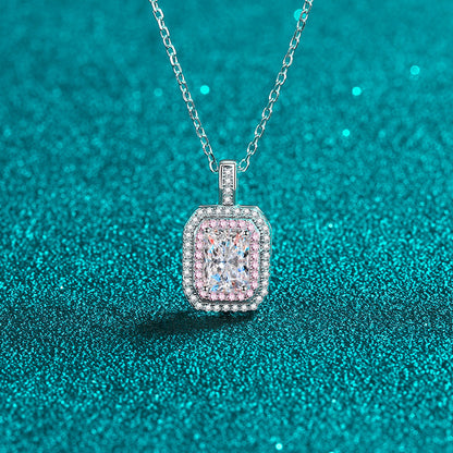 Emerald/Radiant Cut Pink Double Halo 0.5 / 1 Carat Moissanite 4-Piece S925 Jewelry Set (Ring, Earrings, Necklace)