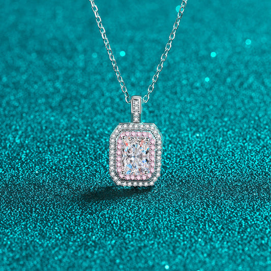 Emerald/Radiant Cut Pink Double Halo 1 Carat Moissanite Pendant S925 Necklace