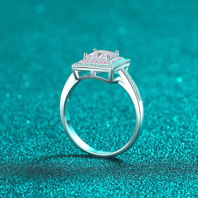 Verlobungsring mit doppeltem Halo und 1 Karat Moissanit-Diamant im Princess-Schliff, Pavé-Rosa, S925 