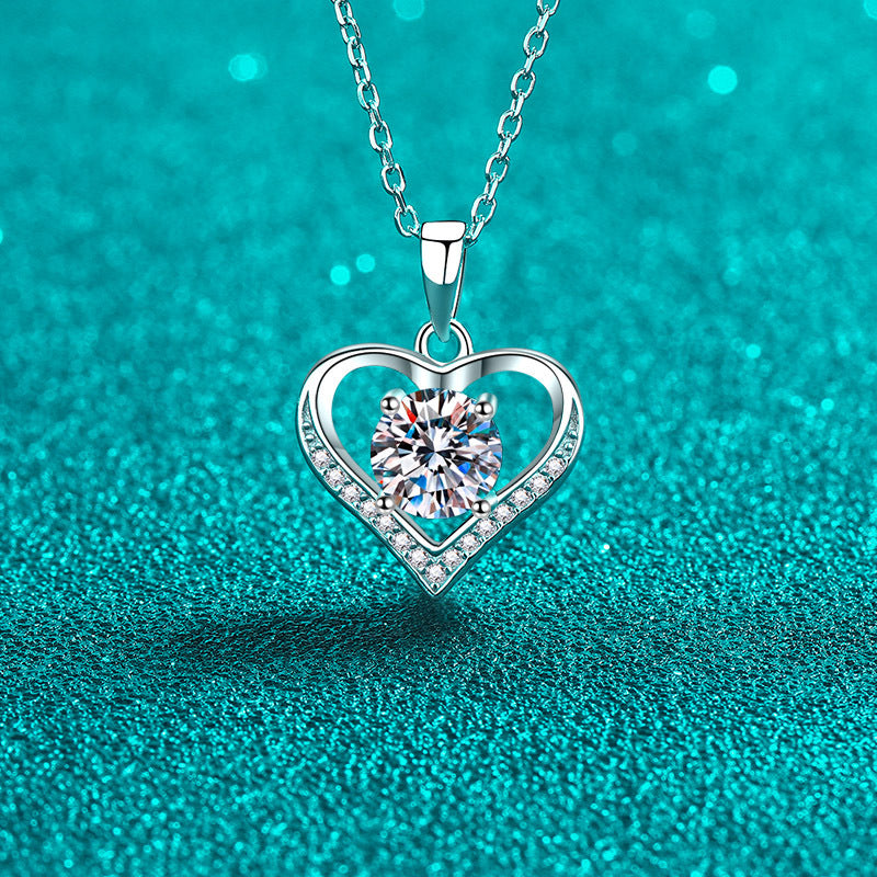 Pave Heart Round Solitaire 1 Carat Moissanite S925 Necklace