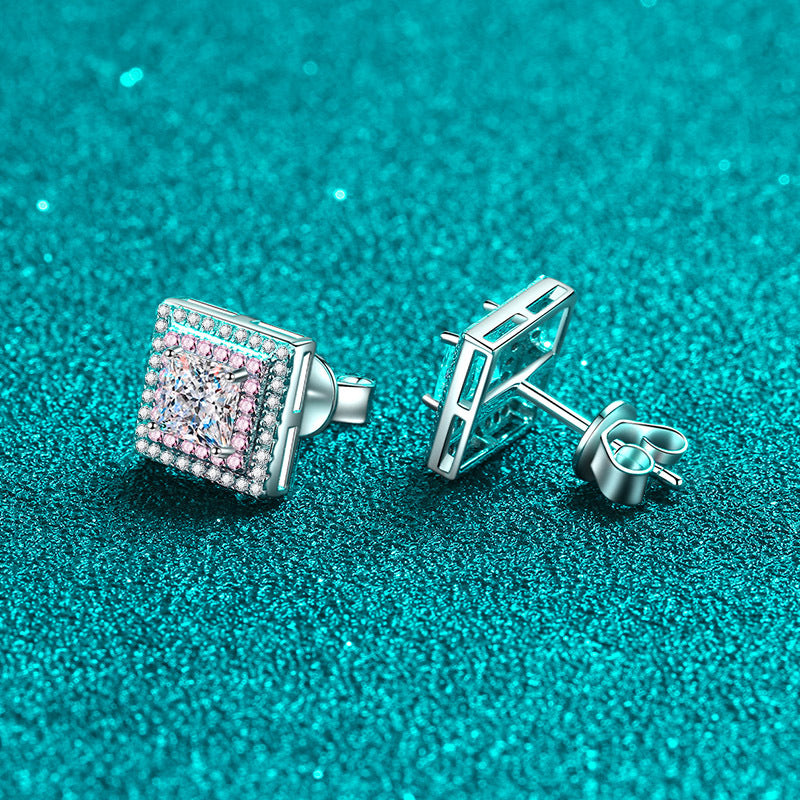 Pendientes de tuerca S925 con diamantes de moissanita de 0,6 quilates con doble halo rosa de talla princesa 