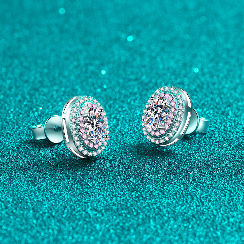 Oval Cut Pink Double Halo 0.5 Carat Moissanite Diamond S925 Stud Earrings