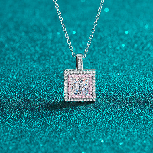 Princess Cut Pink Double Halo 1 Carat Moissanite Pendant S925 Necklace
