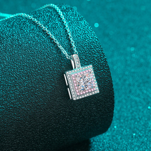 Princess Cut Pink Double Halo 1 Carat Moissanite Pendant S925 Necklace