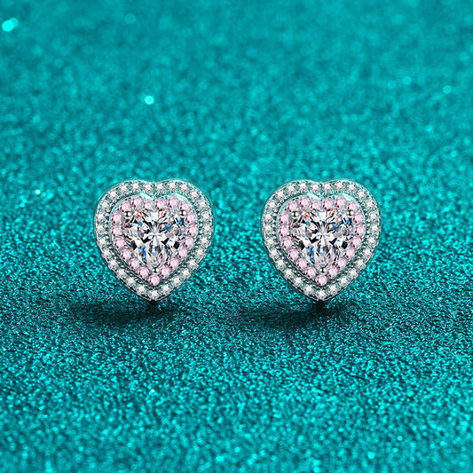 Heart-Shaped Pink Double Halo 0.5 Carat Moissanite Diamond S925 Stud Earrings