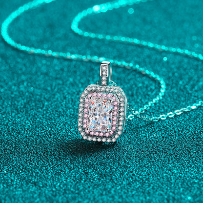 Emerald/Radiant Cut Pink Double Halo 1 Carat Moissanite Pendant S925 Necklace