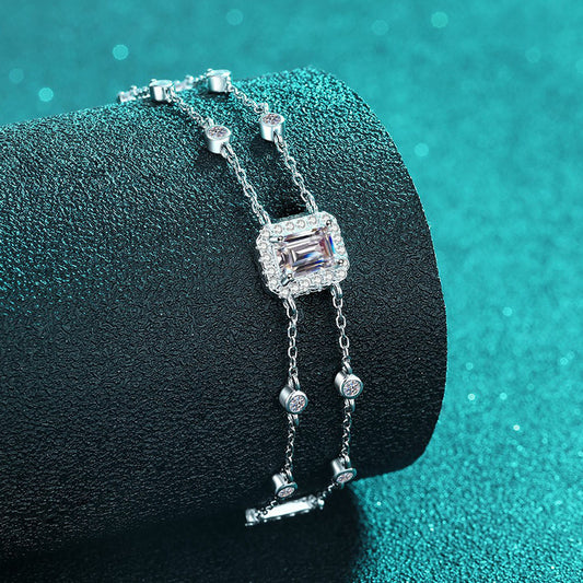 Blue/White Emerald Cut Halo 1 Carat Moissanite Diamond S925 Bracelet