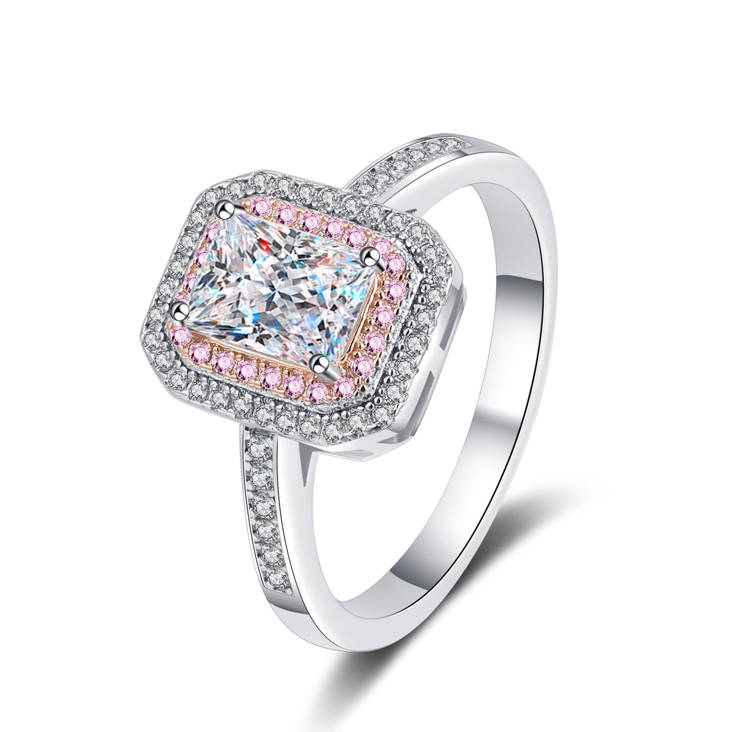 S925-Verlobungsring mit doppeltem Halo und 1 Karat Moissanit-Diamant im Smaragd-/Strahlenschliff in Pavé-Rosa 