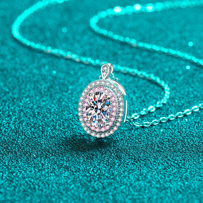 Oval Cut Pink Double Halo 1 Carat Moissanite Pendant S925 Necklace