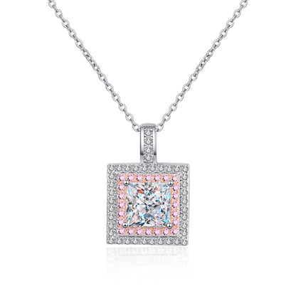 Princess Cut Pink Double Halo 1 Carat Moissanite Pendant S925 Necklace