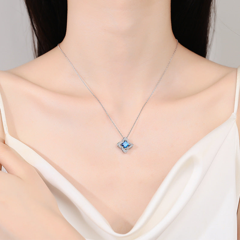Blue/White Four Leaves Princess Cut 1 Carat Moissanite Platinum-Plated S925  Pavé Pendant Necklace