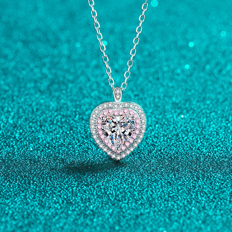 Heart-Shaped Pink Double Halo 0.5 / 1 Carat Moissanite 4-Piece S925 Jewelry Set (Ring, Earrings, Necklace)