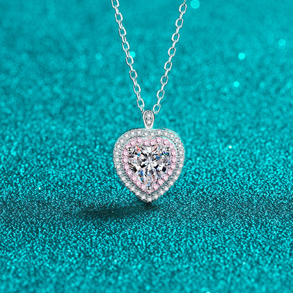 Heart-Shaped Pink Double Halo 0.5 / 1 Carat Moissanite 4-Piece S925 Jewelry Set (Ring, Earrings, Necklace)