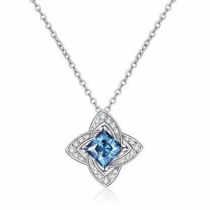 Blue/White Four Leaves Princess Cut 1 Carat Moissanite Platinum-Plated S925  Pavé Pendant Necklace