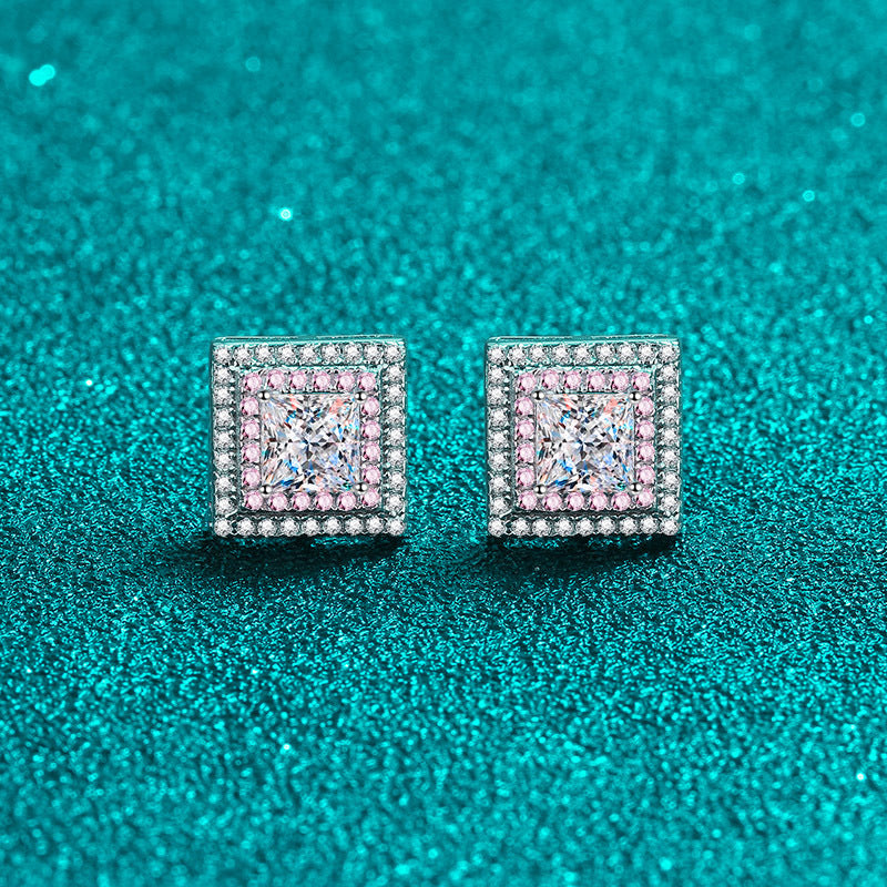 Conjunto de joyería S925 de 4 piezas de moissanita de 0,6/1 quilate con doble halo rosa de talla princesa (anillo, pendientes, collar) 