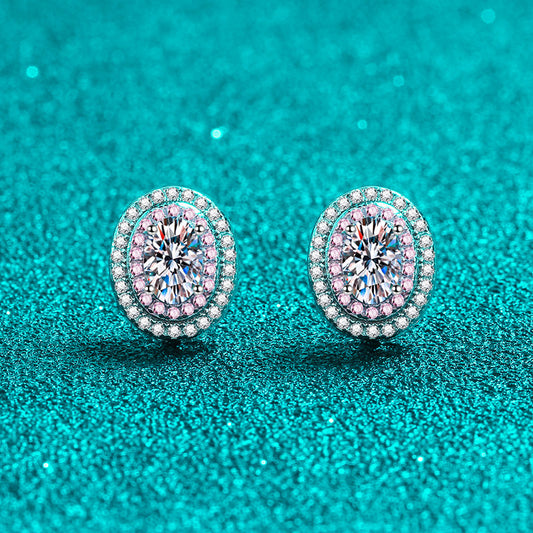 Oval Cut Pink Double Halo 0.5 Carat Moissanite Diamond S925 Stud Earrings