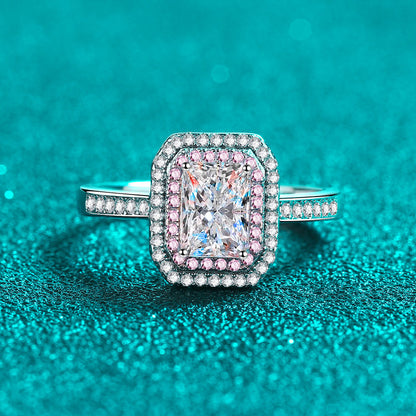 Emerald/Radiant Cut Pave Pink Double Halo 1 Carat Moissanite Diamond S925 Engagement Ring