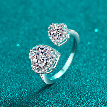 Offener Ring mit doppeltem herzförmigem Halo und 2,5 Karat Moissanit-Diamant, platiniert, S925 