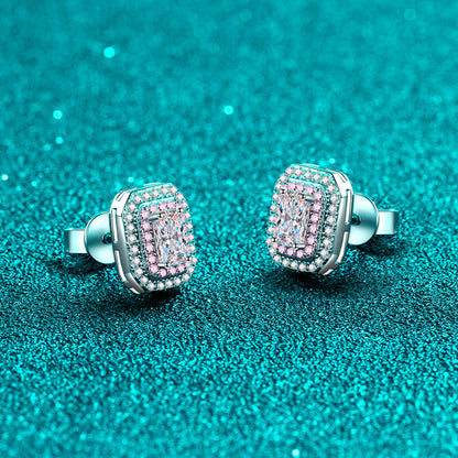 Emerald/Radiant Cut Pink Double Halo 0.5 Carat Moissanite Diamond S925 Stud Earrings