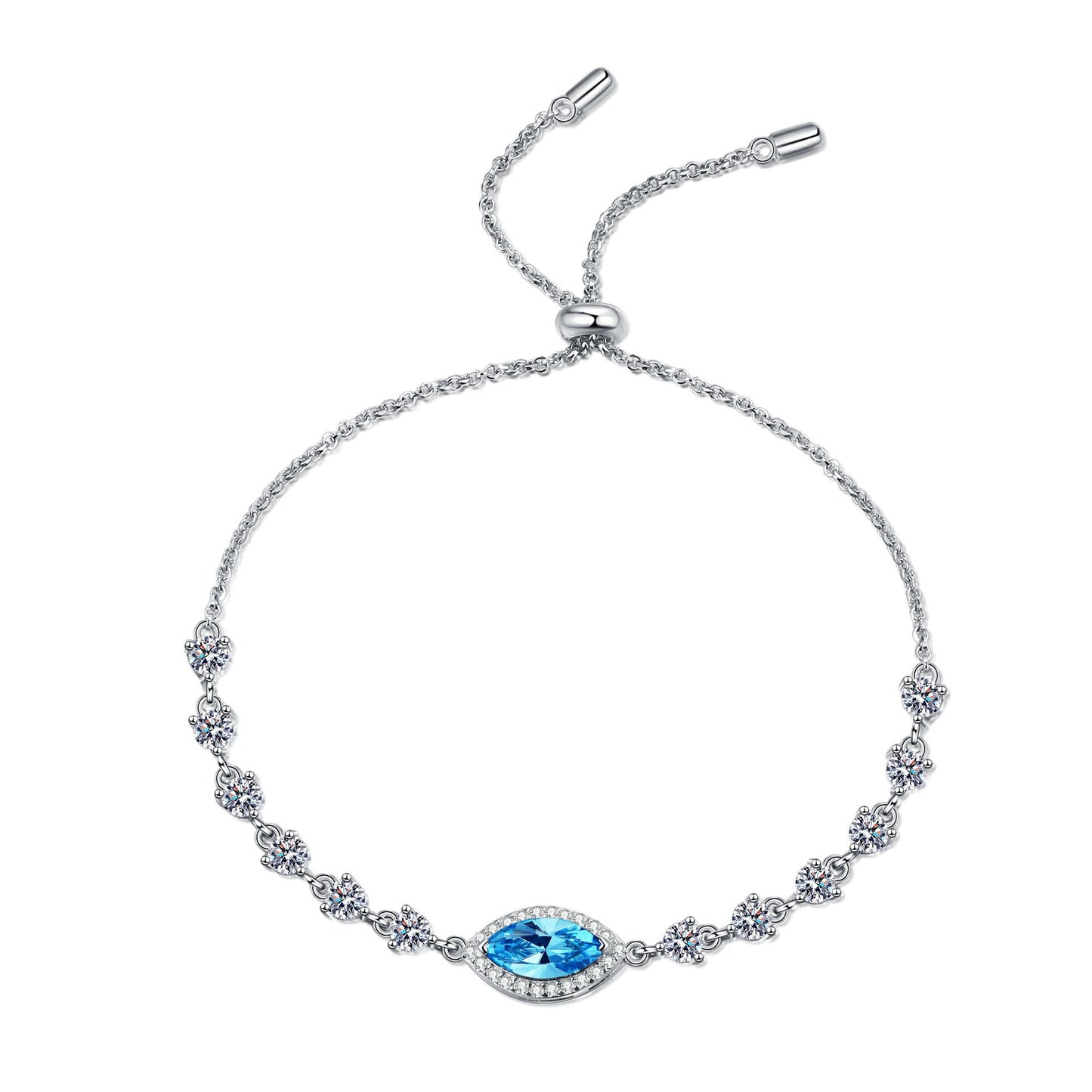 Blue/White Marquise Cut Halo 1 Carat Moissanite Platinum Plated S925 Bracelet