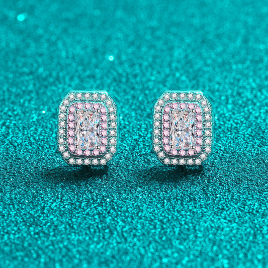 Pendientes de tuerca S925 con diamantes de moissanita de 0,5 quilates con doble halo rosa de talla esmeralda/radiante 