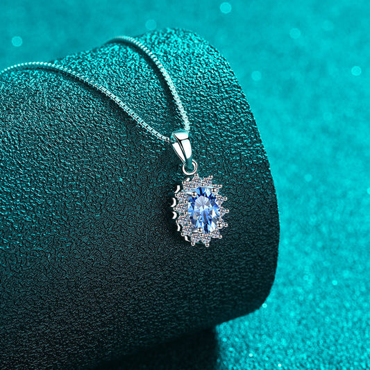 Princess Diana Oval Cut Sapphire Halo 1 Carat Moissanite Diamond S925 Pendant Necklace