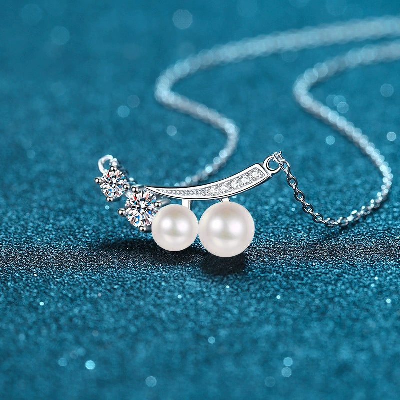 Phoebe Twin Pearl Cluster Pearl & Moissanite Necklace — Moisza