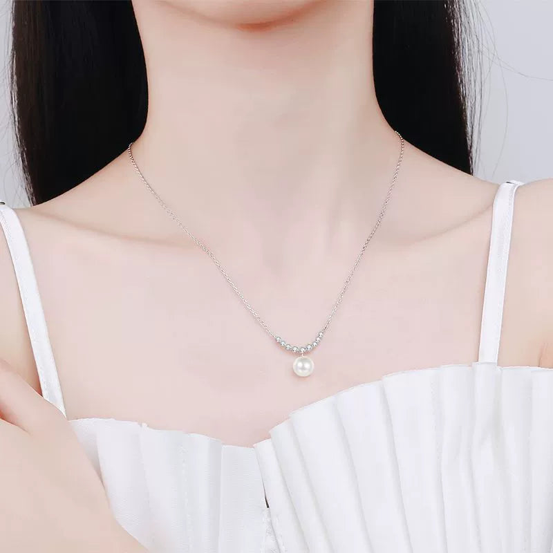 Phoebe Curved Bar Pearl & Moissanite Necklace — Moisza