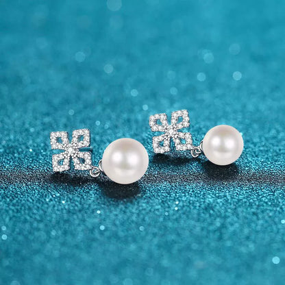 Phoebe Clover Pavé Pearl & Moissanite Drop Earrings — Moisza