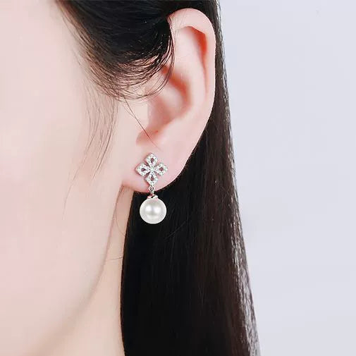 Phoebe Clover Pavé Pearl & Moissanite Drop Earrings — Moisza