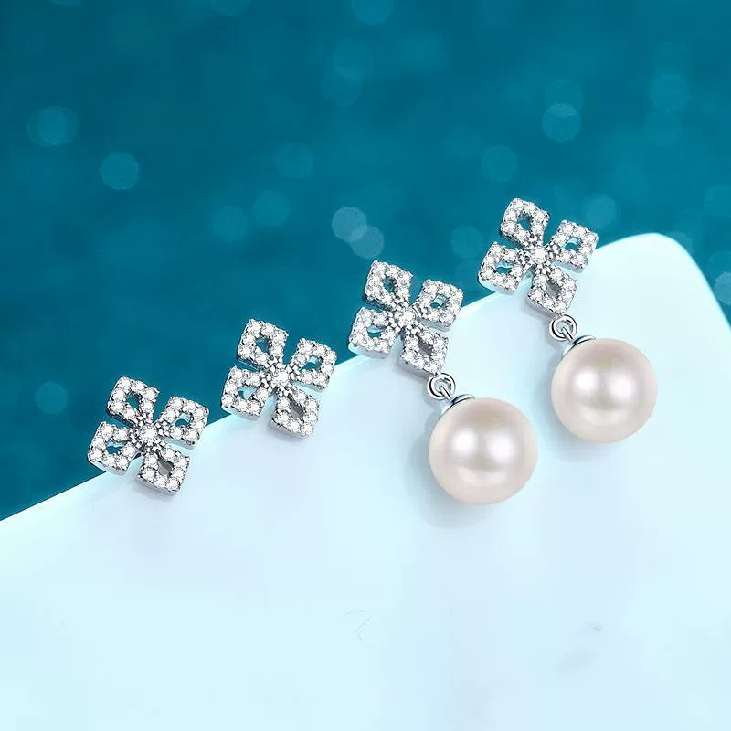 Phoebe Clover Pavé Pearl & Moissanite Drop Earrings — Moisza