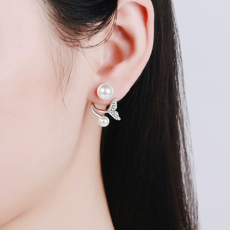 Phoebe Mermaid 2-Way Twin Pearl & Moissanite Stud Earrings — Moisza