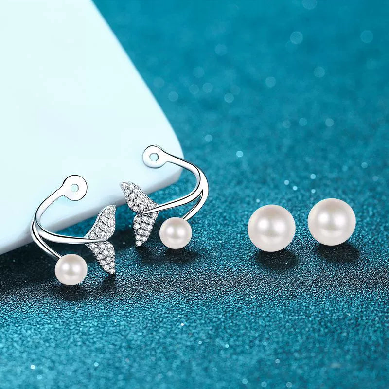 Phoebe Mermaid 2-Way Twin Pearl & Moissanite Stud Earrings — Moisza